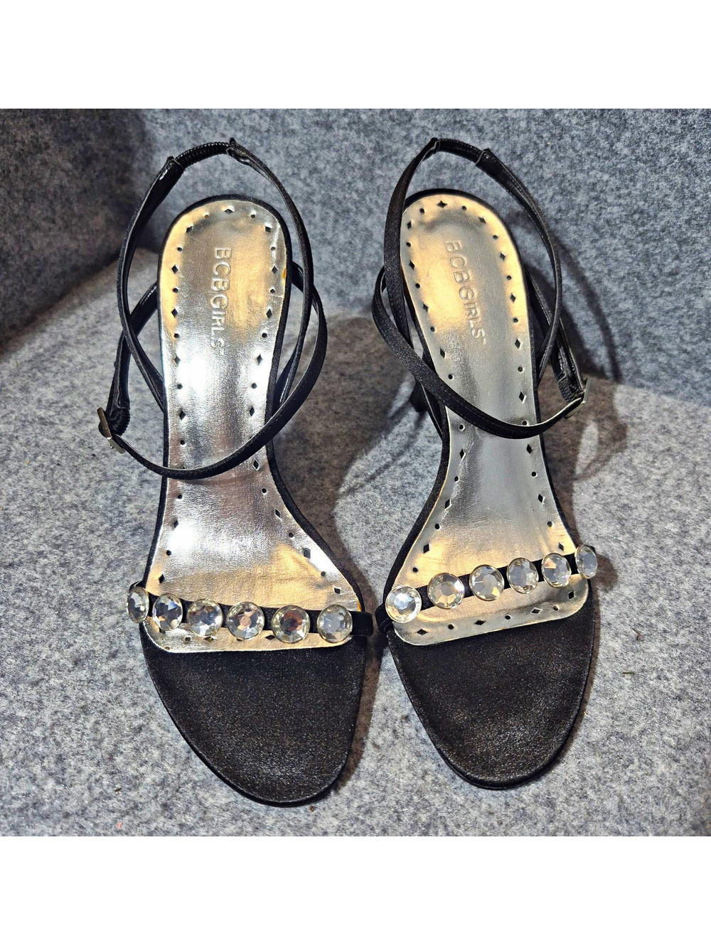 BCBGirls Black Strappy Open Toe Ankle Strap Buckle Rhinestone Heels Sz 7B